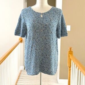 JH Collectibles Blue Marled Knit Short Sleeve Keyhole Sweater Top Womens Large